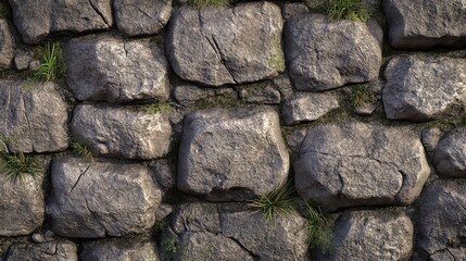 Base of medieval wall showing large cracked stones and tufts of grass