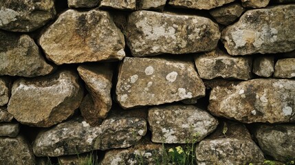 Rough medieval stone wall base with cracks grass and detailed textures