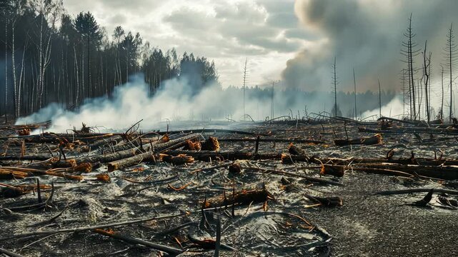 Forest aftermath after wildfire in smoky landscape. Environmental disaster and destruction concept.