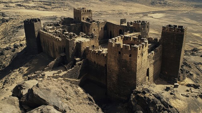 Maze-like fortress walls with tall towers harsh midday sun casting few shadows
