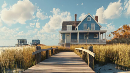  The house features a cozy porch with inviting chairs, perfect for enjoying the coastal breeze and stunning views of the horizon.