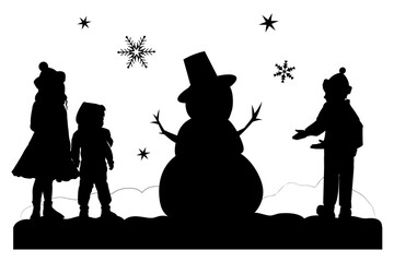 Merry Christmas. Children silhouettes with snowman on white background. Vector illustration.	