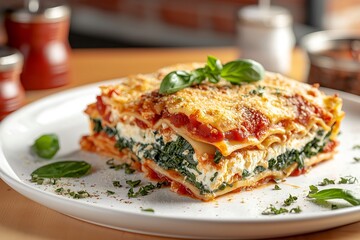 Baked Lasagna With Spinach, Ricotta, and Marinara Sauce, Scattered With Fresh Basil, Food Photography, Food Menu Style Photo Image