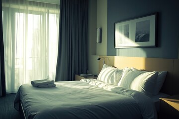 A cozy bed in a hotel room with white sheets and pillows