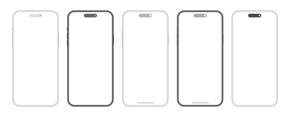 iPhone 16 Pro Max modern smartphone devices mockup template set. Black gray frame mobile phones with blank display for user interface design