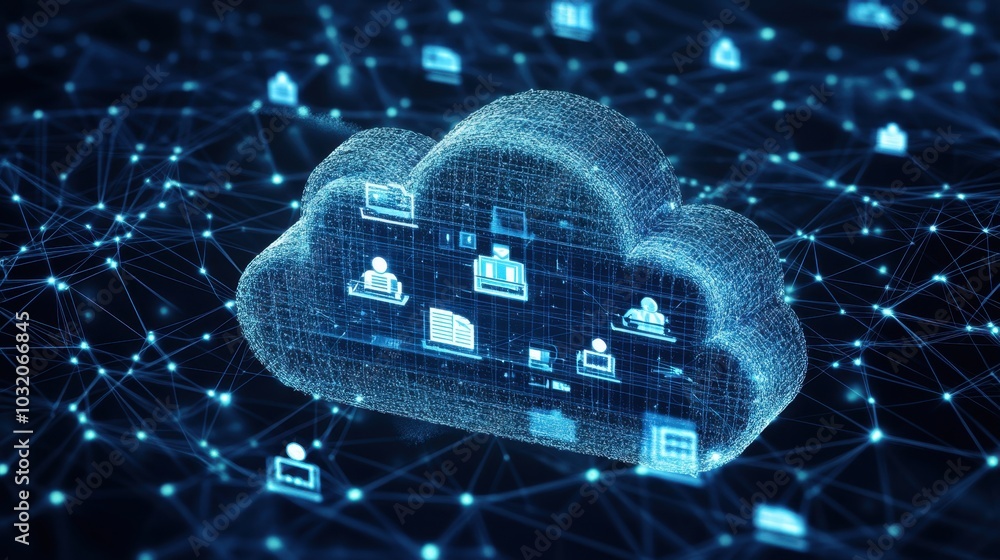 Poster a 3d cloud storage icon with users collaborating in real-time, symbolizing efficient file sharing an
