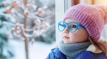 Young child wearing blue glasses focusing on distant tree outside window, symbolizing myopia prevention and importance of outdoor activities.