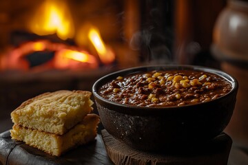 A Bowl of Homemade Chili With Cornbread, Served in a Rustic Cabin by a Roaring Fire, Food Photography, Food Menu Style Photo Image