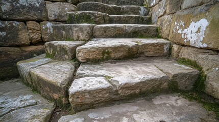 Close-up of cracked stone steps worn smooth by time moss filling in the crevices