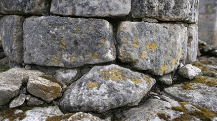 Close-up of tower base irregular stones with cracks moss and lichen growing over surface