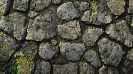 Tower foundation with cracked stones moss-covered and damp from surrounding environment