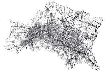 A black and white map of a city with streets, roads, and landmarks