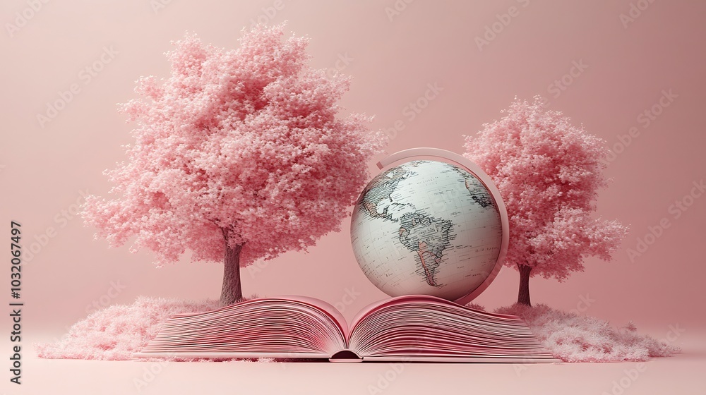 Poster serene 3d illustration celebrating world book day featuring an open book with a globe and subtle tre