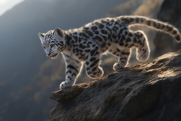 Fototapeta premium A Stunning Leopard Gracefully Navigates the Sparkling White Snow, Its Distinctive Spots Standing Out Against the Winter Wonderland, Showcasing Nature’s Beauty and the Majesty of This Elusive Big Cat
