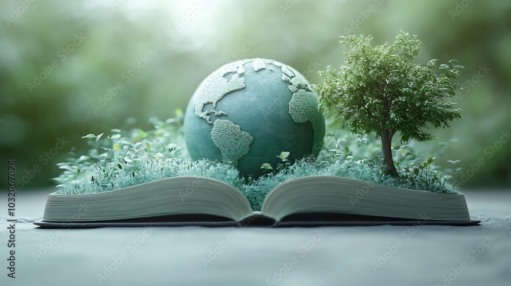 Poster serene 3d illustration celebrating world book day featuring an open book with a globe and subtle tre