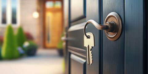 Obraz premium A close-up of a key inserted into a keyhole on a wooden door, with a blurred background of a garden.