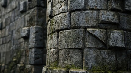 Fortress tower corner with carefully laid stones some cracked and shifted moss along base