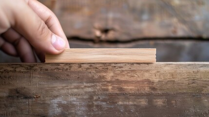 A person holds a wooden beam on top of another wooden structure, providing a compact and straightforward description