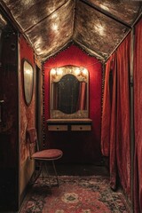Fototapeta premium A cozy room with a red wall, mirror, and chair, perfect for interior design or decoration