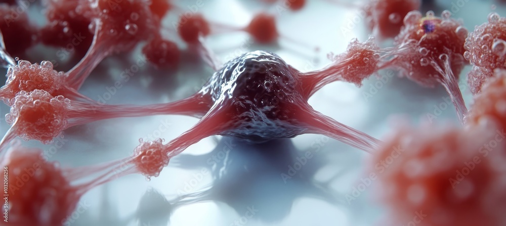 Poster microscopic close-up of a cell nucleus, connecting structures, scientific background 3d rendering