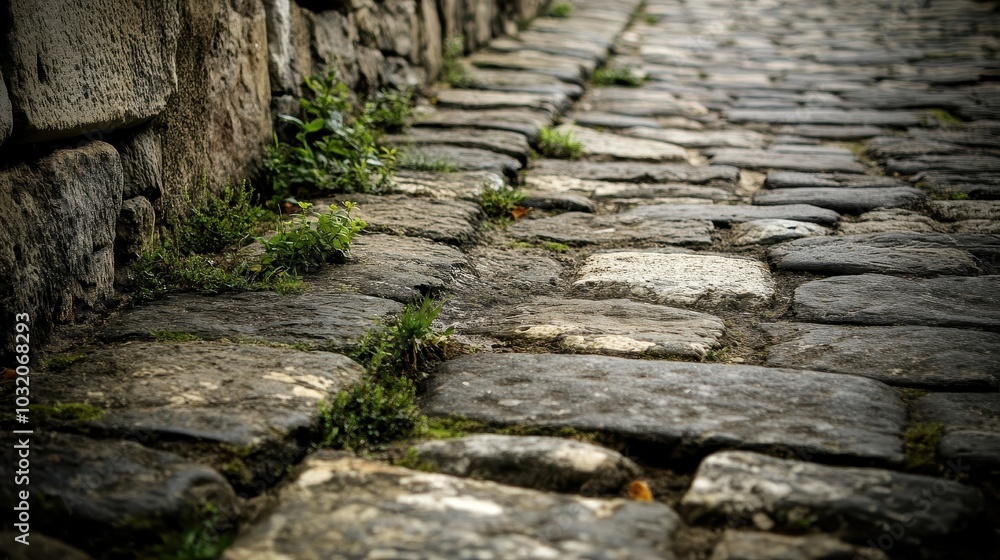 Sticker Parapet walkway on fortress wall uneven stone paving worn smooth small weeds growing in cracks