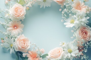 A floral wreath with pink and white flowers against a blue background