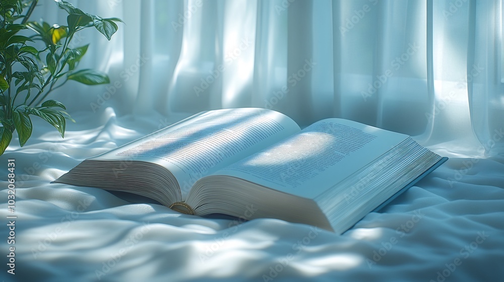 Poster serene 3d rendering of an open book on a minimalistic background with gentle shadows and a soft colo