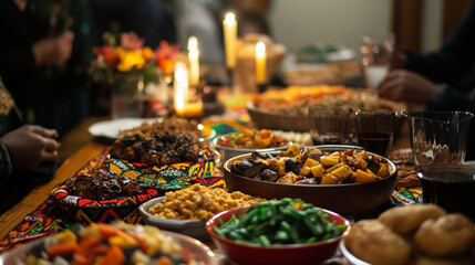 Festive Kwanzaa table with traditional dishes, candles, and cultural decor for the celebration
