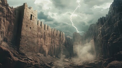 Medieval wall overlooking jagged canyon storm clouds and lightning illuminating watchtower