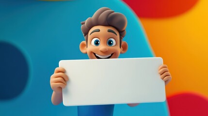 Obraz premium A cheerful cartoon figure holds a blank sign on a lively, colorful background, ideal for marketing or advertising content.