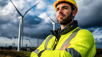 technician stands confidently in front of offshore wind turbines, showcasing dedication to renewable energy. dramatic sky adds to inspiring atmosphere of scene