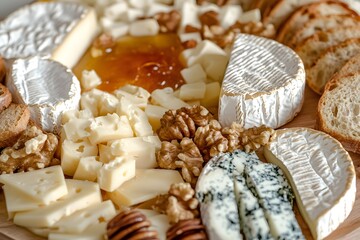 A beautifully arranged cheese platter with nuts, honey, and bread for sharing.