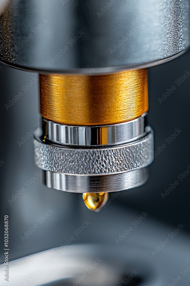 Poster a detailed close-up of a microscope objective featuring a golden droplet, showcasing precision engin