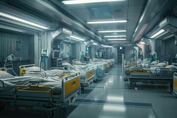 A hospital room with many beds and medical equipment, suitable for use in healthcare-related contexts