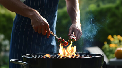 Young adult learning to grill, flipping skewers on an electric grill with a mix of excitement and caution photo