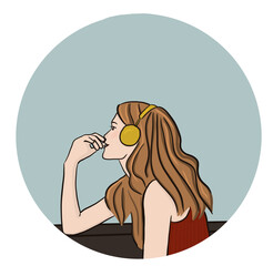 happy woman sitting and listen to the music with yellow headphones in circle background. Cartoon illustration drawing.