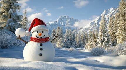 Fototapeta premium A cheerful snowman in a Santa hat, holding a snowball, with a beautiful snowy forest behind him, adding festive vibes to the scene, 3D illustration.