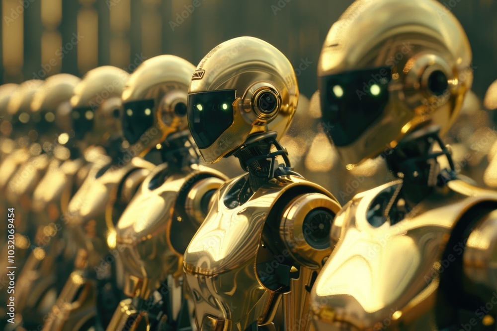 Poster a group of shiny gold robots standing in a row, ready for action