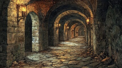 Fototapeta premium Underground fortress tunnels dim light from torches lining the stone walls