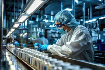 Obraz premium A person in a lab coat and blue gloves conducting experiments or research, possibly in a laboratory setting
