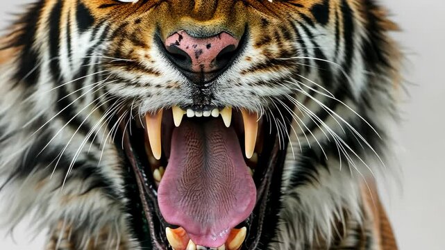 Close-up of roaring tiger displaying sharp teeth on white background, wildlife and predator concept.