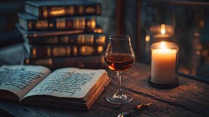 Contemplative Author Writing with Brandy and Candlelight by an Open Book