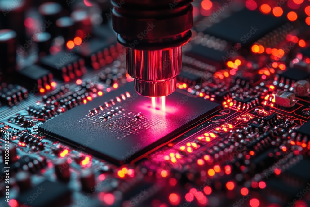 Poster close-up of a circuit board with a soldering iron working on a microchip.