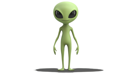 Happy green alien monster character in a cute cartoon style, featuring a smiling face with frog and turtle elements, isolated on a white background