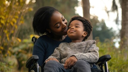 Naklejka premium A woman shows affection and kindness to a child seated in a wheelchair, highlighting the importance of inclusivity and accessibility