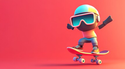 A 3D cartoon character in a helmet and goggles rides a skateboard in front of a pink background.