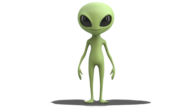 Happy green alien monster character in a cute cartoon style, featuring a smiling face with frog and turtle elements, isolated on a white background