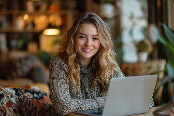 Happy caucasian lady freelancer or entrepreneur working from home, sitting at table in home office, using modern laptop, typing on keyboard, copy, Generative AI