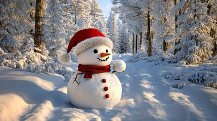 Obraz premium A cute snowman in a red Santa hat, holding a snowball with a snowy forest backdrop, creating a charming winter wonderland, 3D illustration.