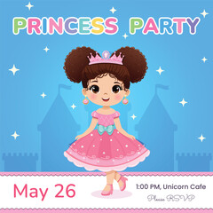 Template for invitation to Happy Birthday party. Cute princess with beautiful eyes in pink dress and a crown. Poster, Banner, Flyer, Greeting Card. Vector illustration in flat cartoon style.